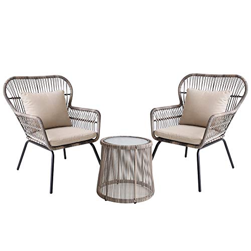 Set di Mobili da Giardino per Esterni, Sedia in Vimini 3 Pezzi Set di Conversazione Sedia con Schienale Cavo E Combinazione di Tavolino in Vetro per Prato Giardino