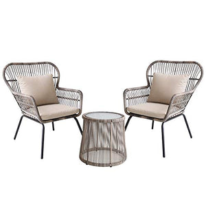 Set di Mobili da Giardino per Esterni, Sedia in Vimini 3 Pezzi Set di Conversazione Sedia con Schienale Cavo E Combinazione di Tavolino in Vetro per Prato Giardino