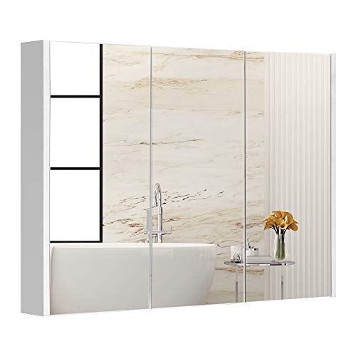 DREAMADE Armadietto a Specchio per Bagno Mobiletto Specchiera con Specchio e 3 Ante per il Bagno a 3 Ripiani, Bianco