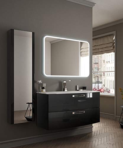 Mobile bagno sospeso moderno Comfort nero, misura cm 100, con specchio led, lavabo e colonna