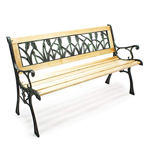 Wiltec Panchina Panca da Giardino Ulrike in Legno e ghisa con Motivo Floreale