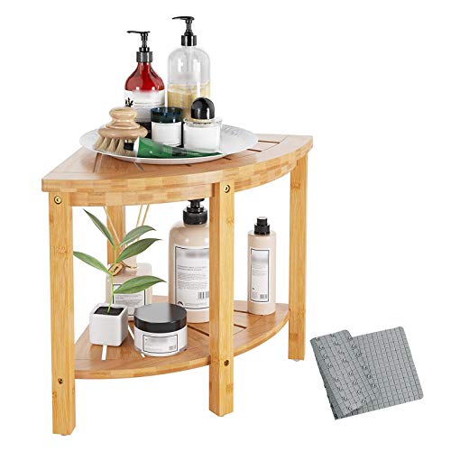 QWET Sgabello da Bagno in bambù, Salva Spazio per Organizzare Sgabello per Bambini in Legno, Adatto per Bagno, Passaggio D'Ingresso, Balcone, con Tappetino,15.7 * 15.7 * 16.9inch