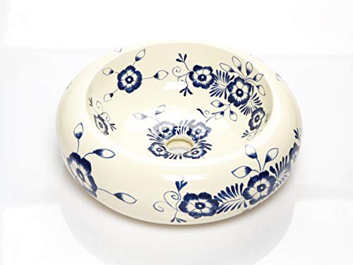 Alonsa - Lavandino rotondo in ceramica messicana bianca - Lavabo rotondo da appoggio in ceramica Talavera 40 cm in Messico con motivi colorati - ideale per bagno piastrelle in cemento, rustico mobile.