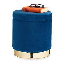 Relaxdays Sgabello in Velluto, Rotondo, Elegante Poggiapiedi Imbottito, Base Dorata, Pouf Moderno, H x D: 41,5 x 37, Blu, Cartone, gommapiuma, 1 pz