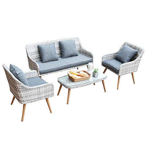 Set di Mobili da Giardino per Esterni, Set di 4 Pezzi di Combinazione di Sedie in Vimini Mobili da Conversazione da Giardino con Tavolino da caffè in Vetro con Sedia Doppia Sedia Singola