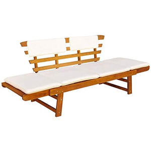 AYNEFY- Lettino Prendisole con Cuscino in Legno, Panca da Giardino 2 Posti con Schienale Sedia a Sdraio da Giardino Rclinabile Legno massello di Acacia con Finitura ad Olio Leggero
