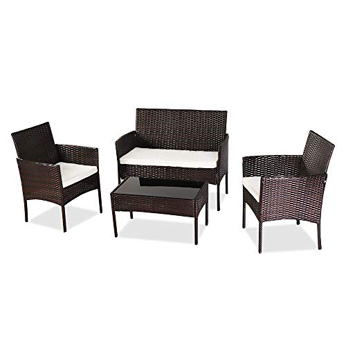 Leww Set di mobili da giardino da giardino, 4 pezzi, set di mobili da giardino in vimini con cuscini e tavolo per giardino, cortile, balcone, piscina