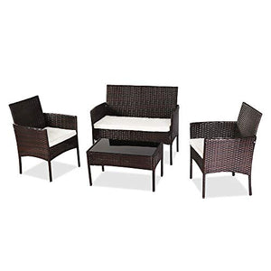 Leww Set di mobili da giardino da giardino, 4 pezzi, set di mobili da giardino in vimini con cuscini e tavolo per giardino, cortile, balcone, piscina