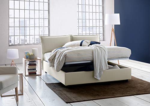 Talamo Italia Letto contenitore Matrimoniale Veronica, Made in Italy, Testata e rivestimento in tessuto, Apertura frontale, adatto per materasso cm 160x190, Panna