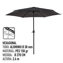 Aktive 53870 - Ombrellone esagonale diametro 270 cm - Telaio di alluminio 38 mm - Colore grigio