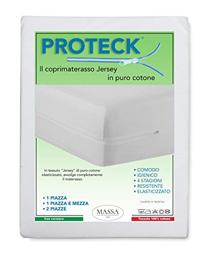 Tex family COPRIMATERASSO PROTECK con Cerniera Zip in Jersey di Puro Cotone Elasticizzato - 1 Piazza