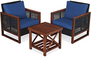 YRRA 3 Pezzi Patio mobili in Vimini Set di sofà all'aperto in Rattan Set W/Cuscino Lavabile e tavolino da caffè Acacia Conversazione con Conversazione Bistro Set per Giardino (Beige)-Blu