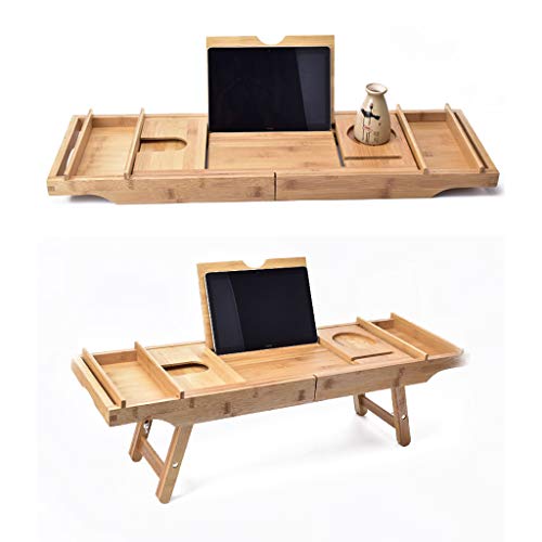AnnYGJ Vassoio di Vasca da Bagno, bambù Scalabilità 74-110cm di Altezza Nascosto Ripiani in Vetro Regolabili Posizionati Studio Nell'alloggiamento del iPad Lavoro per La Mensola del Bagno (74x25x5cm)