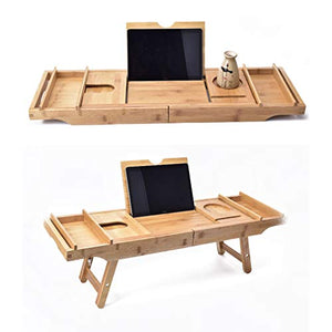 AnnYGJ Vassoio di Vasca da Bagno, bambù Scalabilità 74-110cm di Altezza Nascosto Ripiani in Vetro Regolabili Posizionati Studio Nell'alloggiamento del iPad Lavoro per La Mensola del Bagno (74x25x5cm)