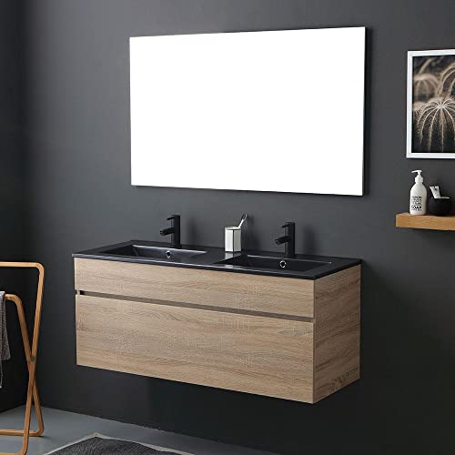 Kiamami Valentina MOBILE BAGNO 120CM QUERCIA NATURALE CON DOPPIO LAVABO NERO OPACO | SOLE