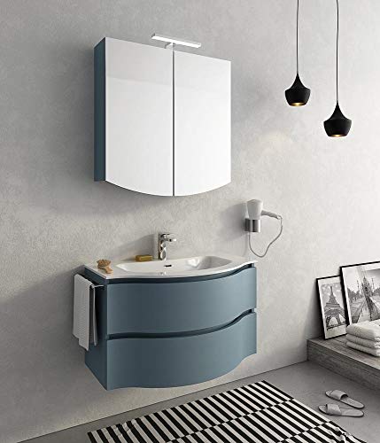 Mobile da bagno Misura: L.85 P.52/35 cm Finitura: Tranche? Blu Colomba Top: Top Lavabo In Ocritech Con Vasca Integrata - 100% made in Italy