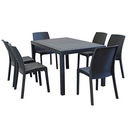 MilaniHome Set Tavolo da Giardino Rettangolare Fisso Cm 150 X 90 con 6 Sedie in Wicker Stampato Antracite da Esterno Giardino
