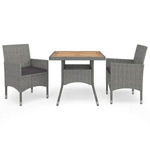 Festnight Set Mobili da Pranzo da Giardino 3 pz Grigio Polyrattan Acacia, 1 Tavolo,2 Poltrone,2 Cuscini per la Seduta,Set di Tavolo da Pranzo, Festa in Giardino, Il Tempo Libero all'aperto