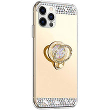 Surakey Custodia Effetto Specchio per iPhone 12/12 PRO,Glitter Strass Silicone Morbido Diamante Mirror Case con Anello Ultra Sottile Clear View Cover per iPhone 12/12 PRO,Oro