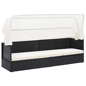 Tidyard Divano da Giardino Esterno in Polyrattan Nero 4 Posti con Tettoia Lettino Predisole Regolabile Reclinabile con Tettuccio Rattan Divano da Esterno in Rattan Divano con Tettuccio 205x62x70 cm