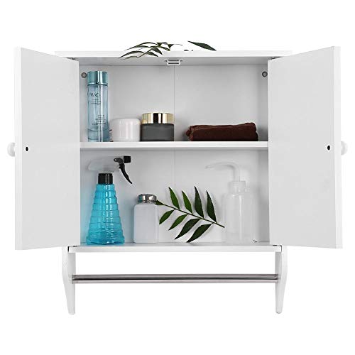 Armadietto da Bagno Ripostiglio con 2 Ripiani Armadietto con Specchio,Mobiletto da Muro in Legno,Doppia Porta Bagno,Armadietto da Parete con Asta Porta Asciugamani,48 x 16 x 55cm,Bianco