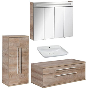 FACKELMANN Set di mobili da bagno Stanford 4 pezzi, con mobiletto sospeso e lavabo da appoggio 110 cm, con specchio a LED
