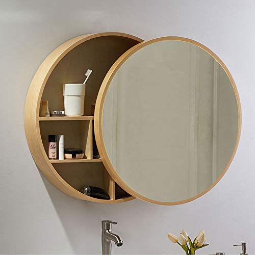 Rotonda Mensola Per Bagno con Push-Pull Specchio,50X50cm Mobiletto A Un’Anta Specchiato, Materiale In Legno Massello Pensile A Muro Montato,Beige-50cm