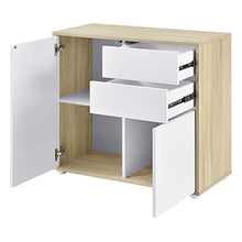 Comò con 2 Ante e 2 Cassetti con Apertura Push-to-Open 74 x 79 x 36 cm Mobiletto Multiuso per Camera/Ufficio - Bianco/Effetto Rovere