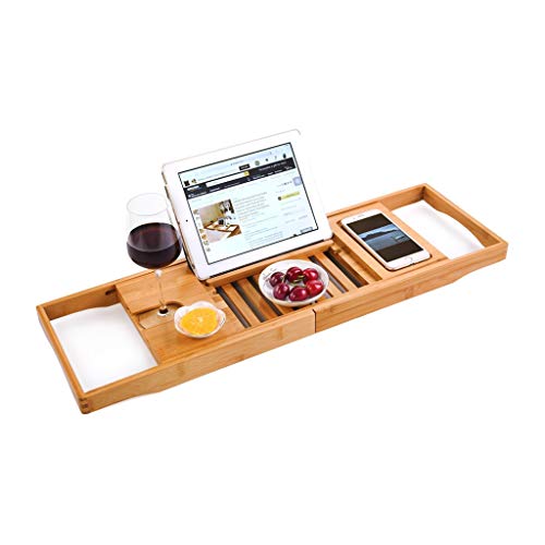 AnnYGJ Vassoio di Vasca da Bagno, bambù Telescopico Vasca Multifunzionale Slittamento iPad Telefono Tablet Cremagliera del Vino Supporto per Mensola del Bagno Albergo Casa, 70-106cm Scalabile