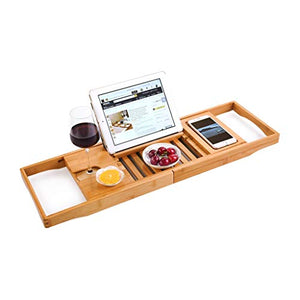 AnnYGJ Vassoio di Vasca da Bagno, bambù Telescopico Vasca Multifunzionale Slittamento iPad Telefono Tablet Cremagliera del Vino Supporto per Mensola del Bagno Albergo Casa, 70-106cm Scalabile