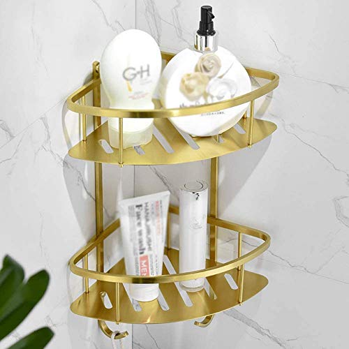 UWY Mensola angolare per Bagno in Acciaio Inossidabile SUS 304 di Lusso Supporto per cestello portaoggetti a Parete con Doppia Doccia Caddy Supporto per trafilatura in Rame Oro, 2 Ganci