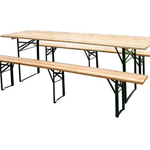 SET BIRRERIA COMPOSTO DA TAVOLO/TAVOLA E PANCHE DI LEGNO CON 3 GAMBE PIEGHEVOLI FACILE DA TRASPORTARE PER BIRRERIA PUB BAR FIERA GIARDINO CAMPEGGIO PICNIC TERRAZZA FESTE MATRIMONIO 220X70X76