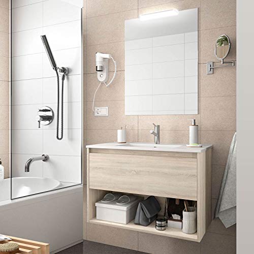 Yellowshop. - Mobile Bagno sospeso 80 Cm Legno cassetto vano lavabo specchiera LED MOD. Noja (Rovere Caldeonia)