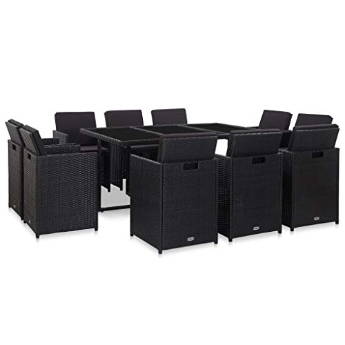 SKM Set da Pranzo da Giardino 11 pz con Cuscini in Polyrattan Nero (112.8kg)