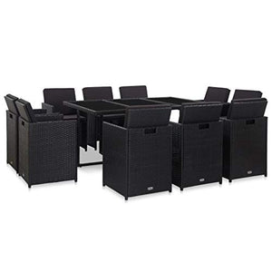 SKM Set da Pranzo da Giardino 11 pz con Cuscini in Polyrattan Nero (112.8kg)