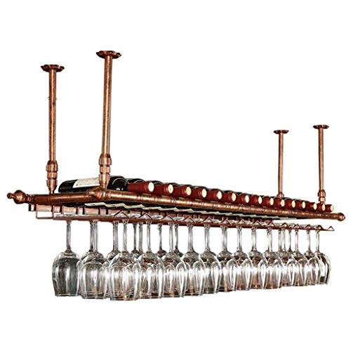 Portabottiglie per vino rosso Porta Bottiglie metallo con supporto per calici, portabicchieri e portabottiglie metallo, Scaffale vino regolabile parete vintage, per bar / armadio / cucina, marrone C