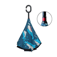 LENNEL Ombrelli invertiti pieghevoli con strisce riflettenti di sicurezza notturna a forma di C maniglia doppio strato antivento design blu pesce modello