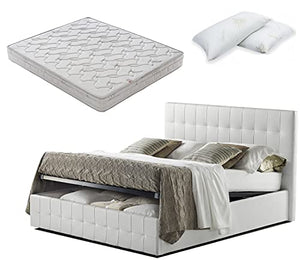 SARDAMATERASSI -Letto Matrimoniale con Box Contenitore similpelle bianco + Materasso Matrimoniale memory 20 cm+ coppia guanciali memory +coprimaterasso in spugna