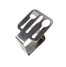 takestop® Ferma TOVAGLIA FERMATOVAGLIA Fermo TAVOLA Acciaio Posate FORCHETTA Coltello Cucchiaio Clip Set 4 Pezzi Molla Gancio Tavole Giardino casa Campeggio