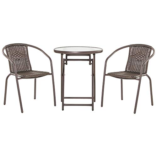 Set Tavolo e 2 Sedie Pieghevoli da Giardino in Acciaio e Rattan Marrone