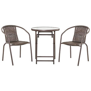 Set Tavolo e 2 Sedie Pieghevoli da Giardino in Acciaio e Rattan Marrone