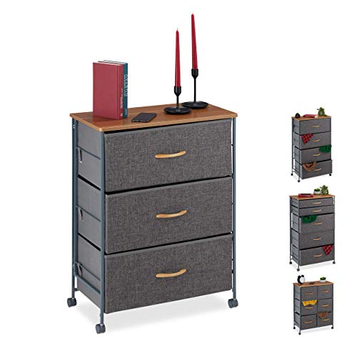 Relaxdays Cassettiera con Ruote, Cassetti in Stoffa, Mobiletto, Ripiano in Aspetto Legno, HxLxP: 74,5x58x30 cm, Grigio, Acciaio, Poliestere, Pannelli MDF, 5 x 58 x 30 cm