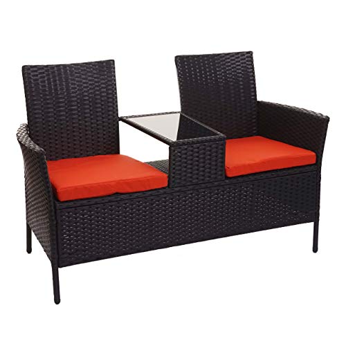 Mendler Divano Sofa per l'esterno Doppia Seduta portavivande HWC-E24 polyrattan Nero Cuscini Arancione