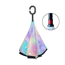 LENNEL Dreamy Sun Moon Reverse pieghevole ombrello invertito maniglia a forma di C doppio strato design antivento con strisce riflettenti di sicurezza notturna