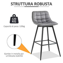 homcom Set 2 Sgabelli da Bar Sedie Imbottite per Salotto Stile Nordico, Rivestimento Velluto e Poggiapiedi, Grigio, 45x47x88cm