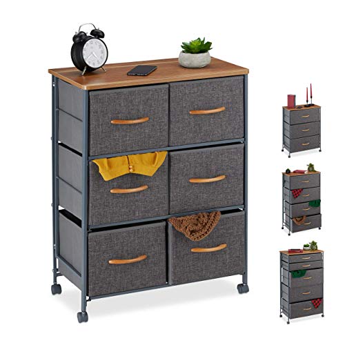 Relaxdays Cassettiera con Ruote, Cassetti in Stoffa, Mobiletto, Ripiano in Aspetto Legno, HxLxP: 74,5x58x30 cm, Grigio, Acciaio, Poliestere, Pannelli MDF, 5 x 58 x 30 cm