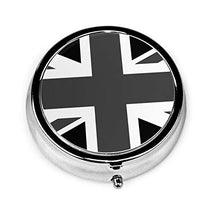 Contenitore rotondo per pillole con bandiera Union Jack in bianco e nero a 3 scomparti in metallo per medicina e vitamine, per viaggi all'aperto