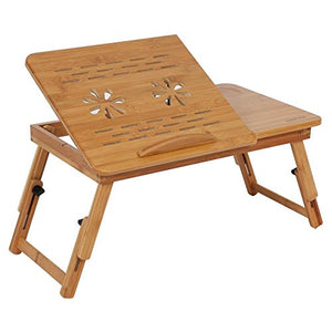 GOTOTOP Tavolino Porta Laptop in bambù Pieghevole, Tavolino da Letto con Cassettino Portaoggetti, Vassoio per PC Notebook da Letto Computer Portatile, Tavolino d'Appoggio Inclinabile, 50x30x20cm
