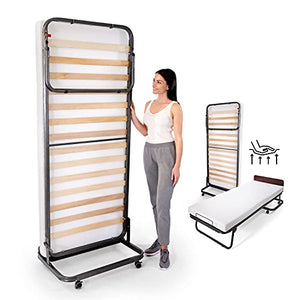 Letto Verticale a Scomparsa Salvaspazio con Materasso Ergonomico 10 CM con GEL MEMORY FOAM, Letto ORTOPEDICO 14 Doghe Legno, Struttura Robusta e Antigraffio, 80x190, Ruote, Lettino e Brandina, COMO