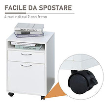 homcom Cassettiera Portadocumenti da Ufficio in Legno Bianco con 2 Cassetti, 4 Ruote Ominidirezionali, 40 x 35 x 60cm